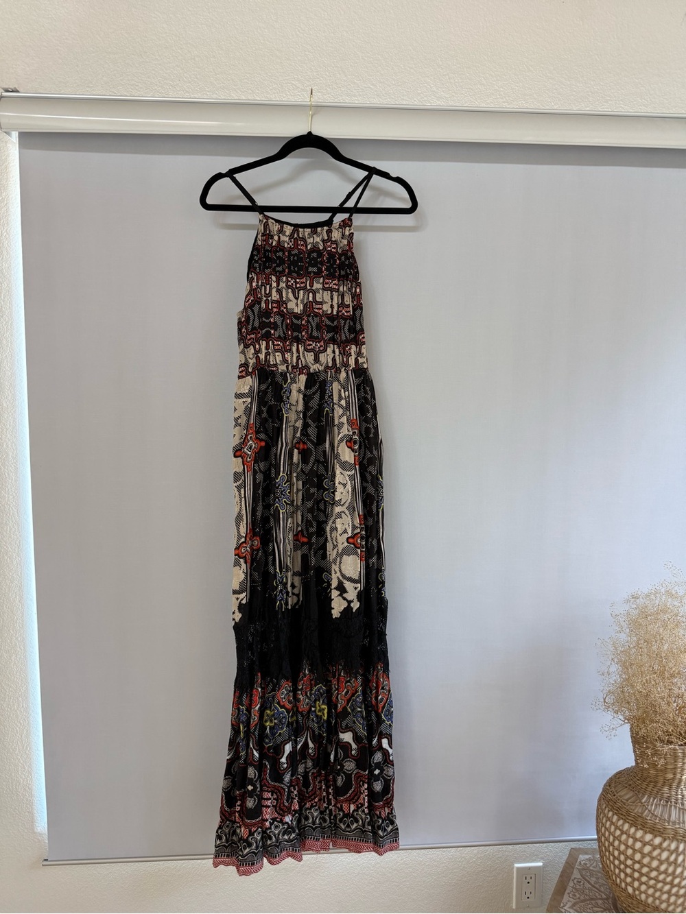 Anthropologie Black & Cream Patterned Maxi Dress with Red Accents